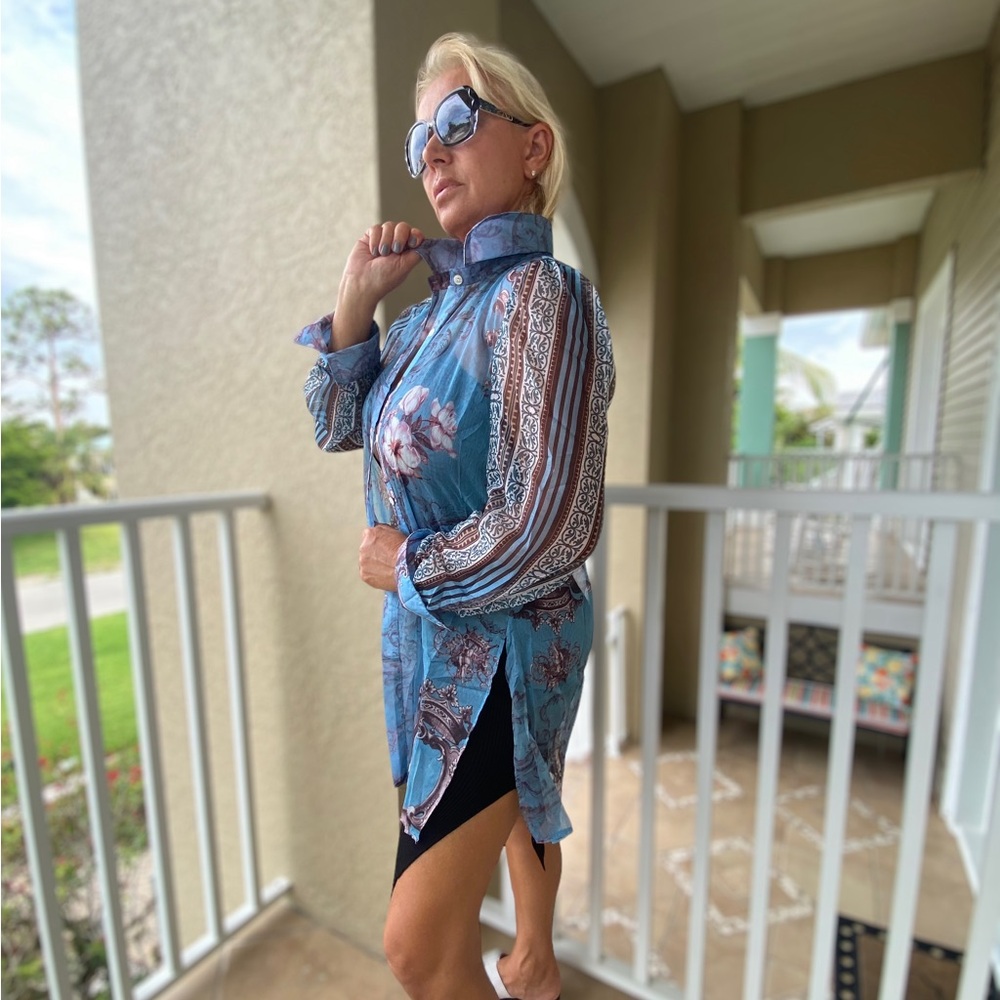 Balboa Floral Long Sleeve Kiev Sheer Buttoned Down Oversized Blouse - Size M